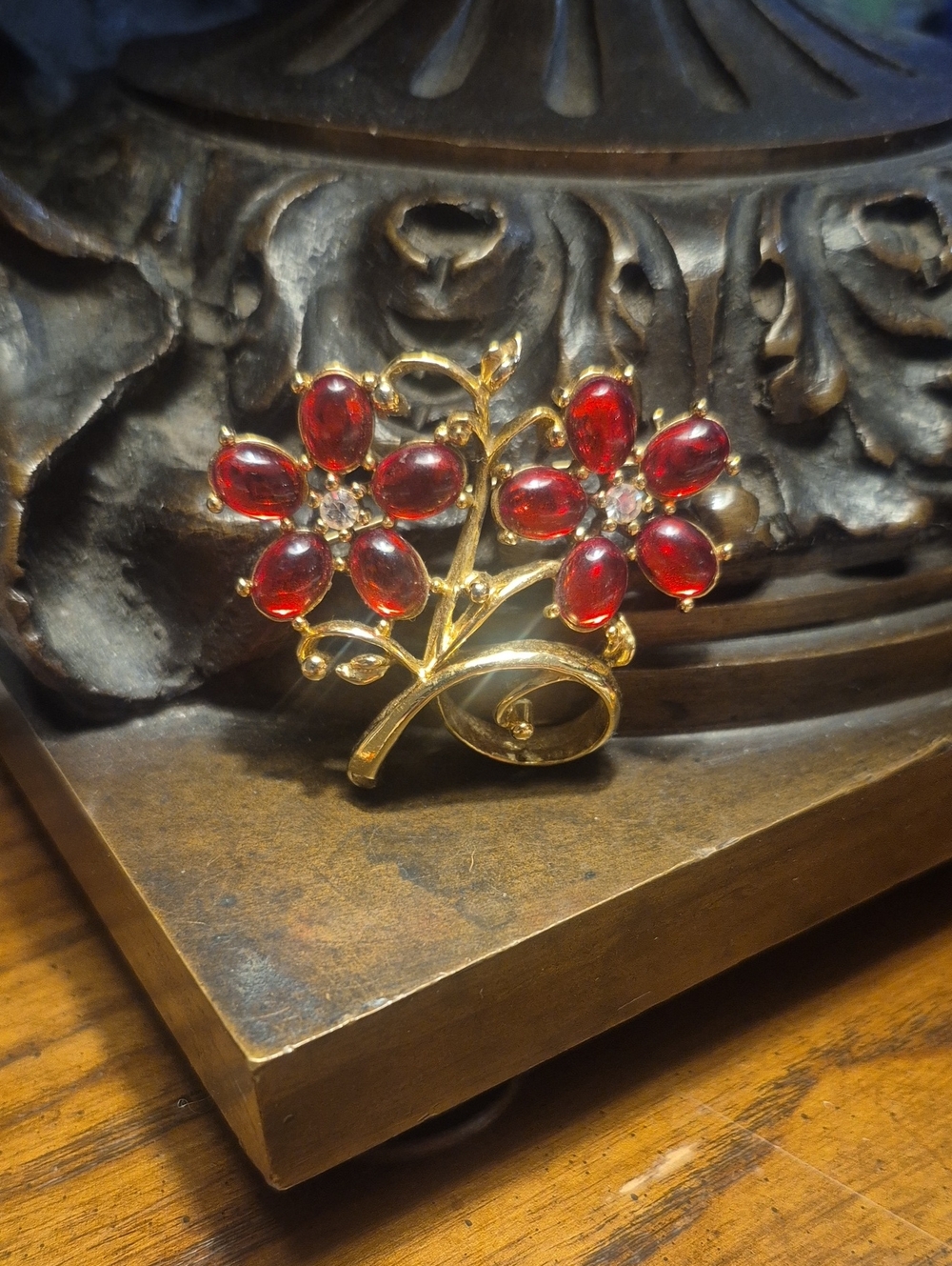 Vintage Red Jelly Lucite and Rhinestone Gold Tone Floral Pin Brooch